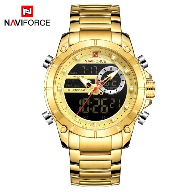 Men Military Sport Wrist Watch Gold Quartz Steel Waterproof Dual Display Male Clock Watches