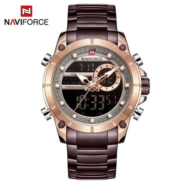 Men Military Sport Wrist Watch Gold Quartz Steel Waterproof Dual Display Male Clock Watches