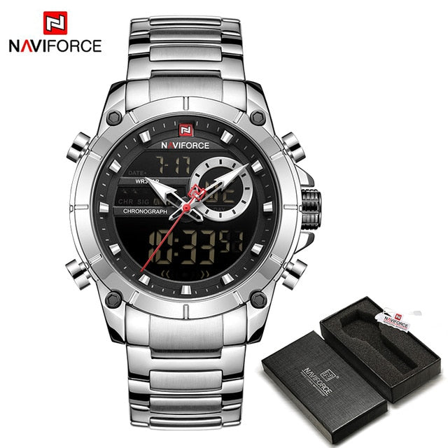 Men Military Sport Wrist Watch Gold Quartz Steel Waterproof Dual Display Male Clock Watches