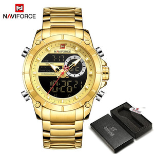 Men Military Sport Wrist Watch Gold Quartz Steel Waterproof Dual Display Male Clock Watches