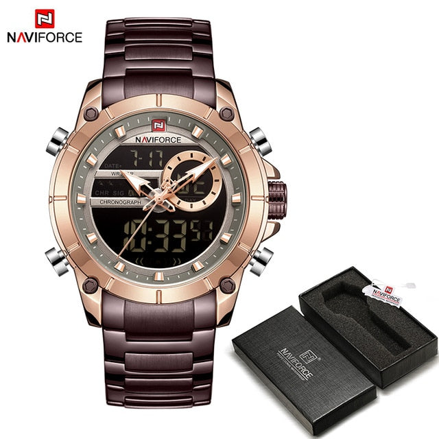 Men Military Sport Wrist Watch Gold Quartz Steel Waterproof Dual Display Male Clock Watches