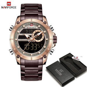 Men Military Sport Wrist Watch Gold Quartz Steel Waterproof Dual Display Male Clock Watches