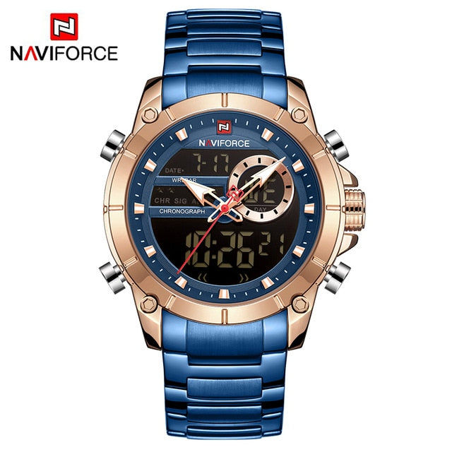 Men Military Sport Wrist Watch Gold Quartz Steel Waterproof Dual Display Male Clock Watches