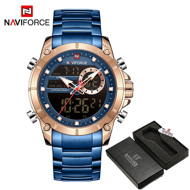 Men Military Sport Wrist Watch Gold Quartz Steel Waterproof Dual Display Male Clock Watches