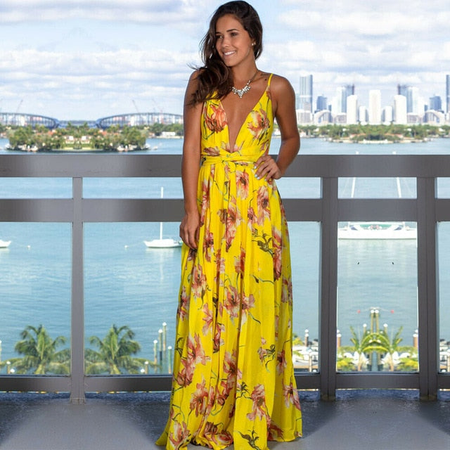 Women's Sling Floral Long Dresses arrival  Boho V-Neck Sleeveless  Party Beach Maxi Casual Dress