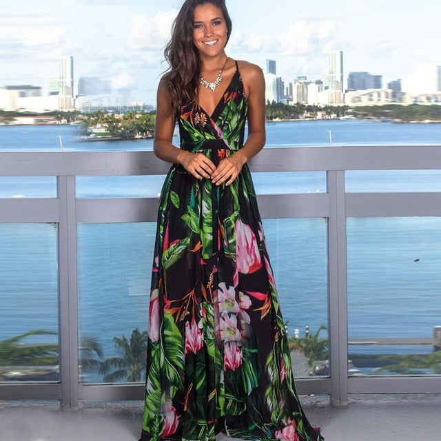 Women's Sling Floral Long Dresses arrival  Boho V-Neck Sleeveless  Party Beach Maxi Casual Dress