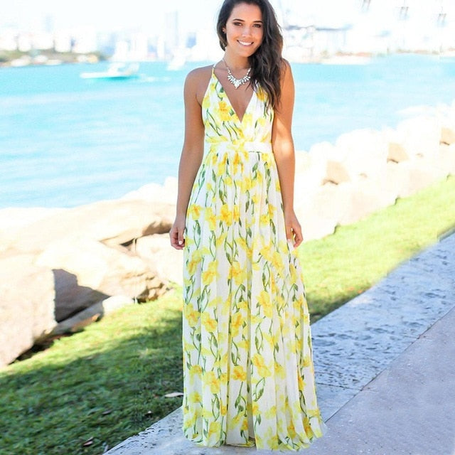 Women's Sling Floral Long Dresses arrival  Boho V-Neck Sleeveless  Party Beach Maxi Casual Dress