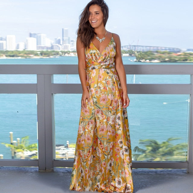 Women's Sling Floral Long Dresses arrival  Boho V-Neck Sleeveless  Party Beach Maxi Casual Dress