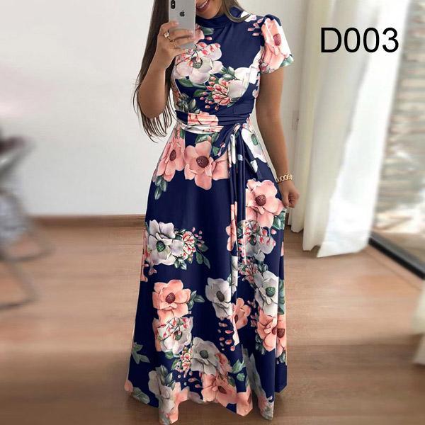 Long Sleeve  Flower Print Women Dress Ethnic Floral Print Belt
