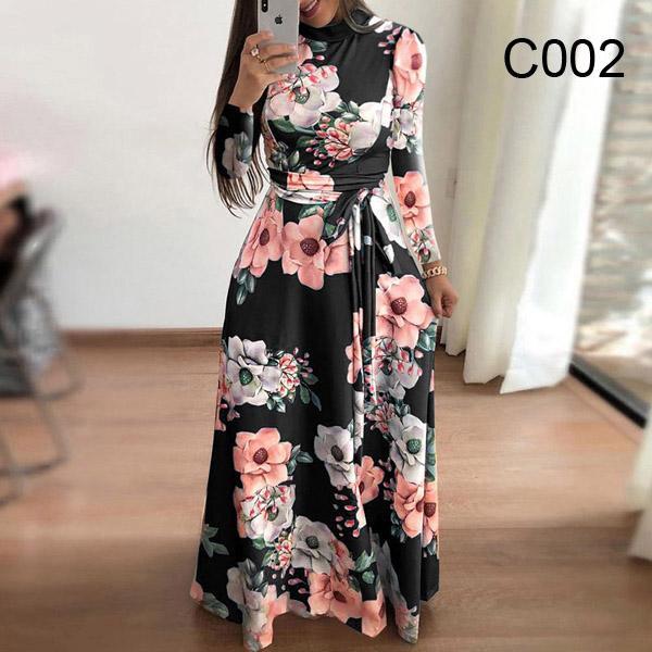 Long Sleeve  Flower Print Women Dress Ethnic Floral Print Belt