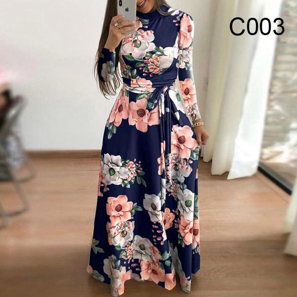 Long Sleeve  Flower Print Women Dress Ethnic Floral Print Belt