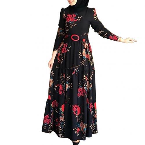Long Sleeve  Flower Print Women Dress Ethnic Floral Print Belt