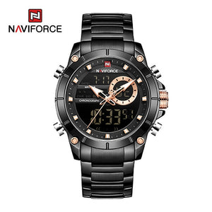 Men Military Sport Wrist Watch Gold Quartz Steel Waterproof Dual Display Male Clock Watches
