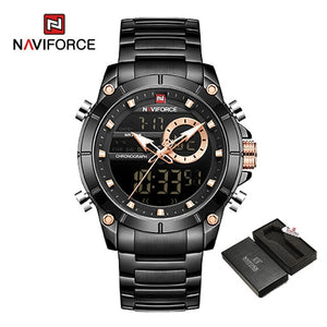 Men Military Sport Wrist Watch Gold Quartz Steel Waterproof Dual Display Male Clock Watches