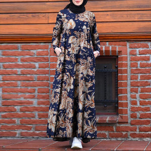 Retro Hijab Dress Women Vintage Floral Printed Maxi Sundress