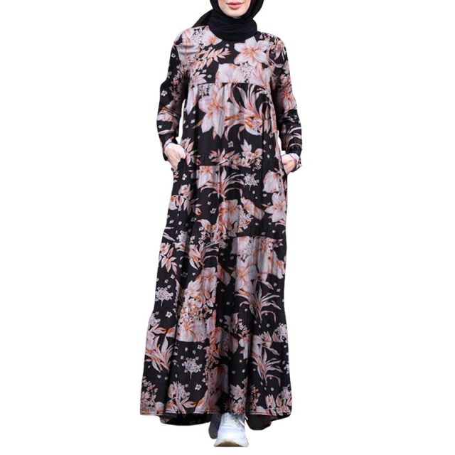 Retro Hijab Dress Women Vintage Floral Printed Maxi Sundress