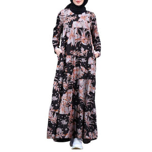 Retro Hijab Dress Women Vintage Floral Printed Maxi Sundress