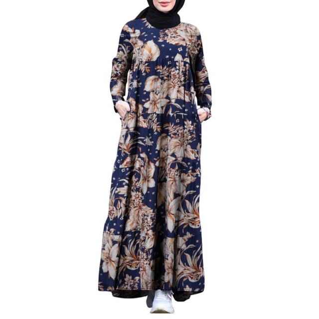 Retro Hijab Dress Women Vintage Floral Printed Maxi Sundress