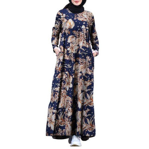 Retro Hijab Dress Women Vintage Floral Printed Maxi Sundress