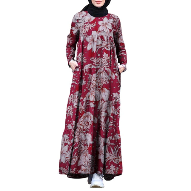 Retro Hijab Dress Women Vintage Floral Printed Maxi Sundress
