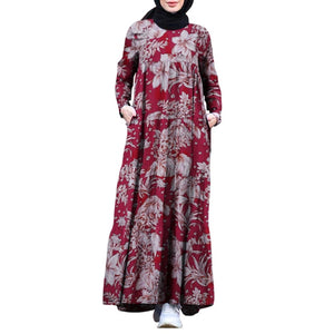 Retro Hijab Dress Women Vintage Floral Printed Maxi Sundress