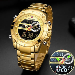 Men Military Sport Wrist Watch Gold Quartz Steel Waterproof Dual Display Male Clock Watches