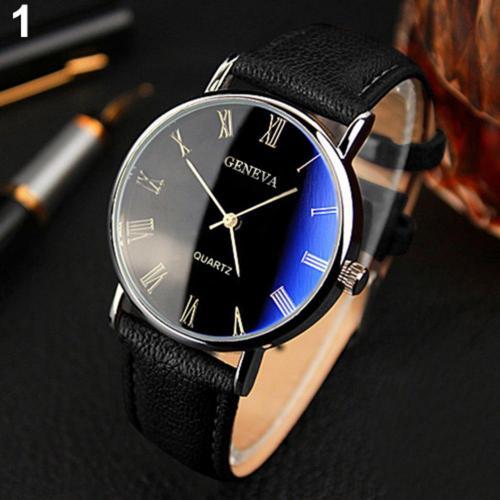 Fashion Watch Men Roman Numerals Blu-Ray Faux Leather Band Quartz Analog Business Watches