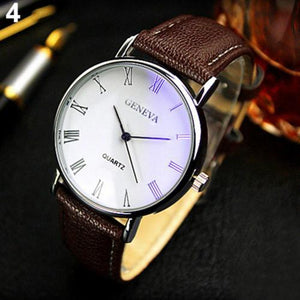 Fashion Watch Men Roman Numerals Blu-Ray Faux Leather Band Quartz Analog Business Watches