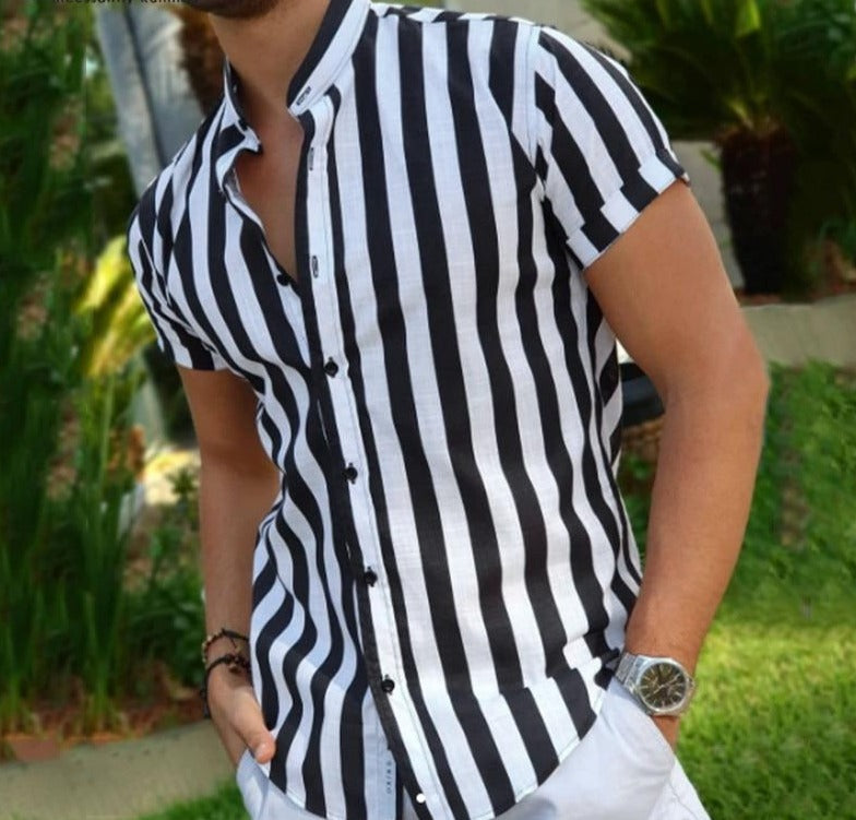 Stylish Casual Fashion Striped Men Shirts Short Sleeve Stand Collar Shirt 5XL 7